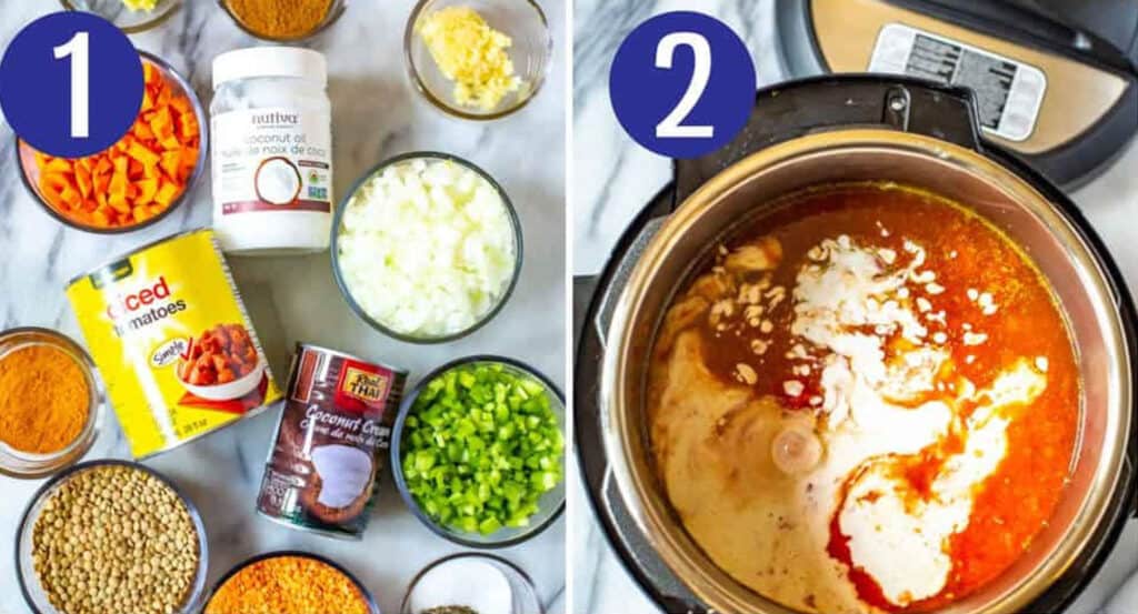 Steps 1 and 2 for making Instant Pot lentil soup: Prep ingredients and add everything to the Instant Pot.