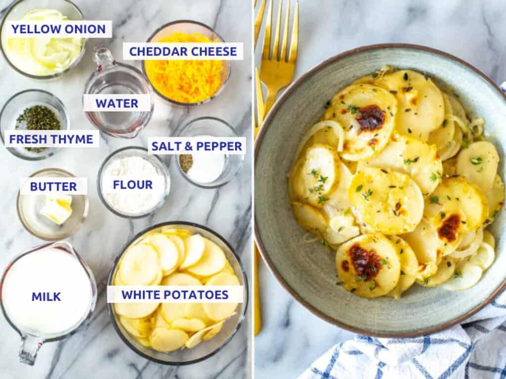 Ingredients for Instant Pot scalloped potatoes: white potatoes, milk, flour, butter, salt, pepper, fresh thyme, water, cheddar cheese and yellow onion.