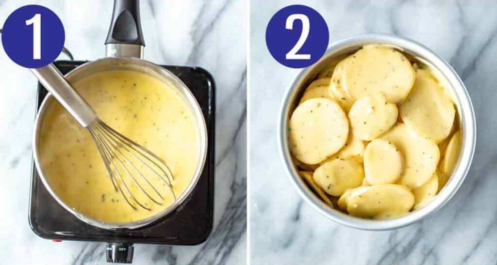Steps 1 and 2 for Instant Pot scalloped potatoes: Make sauce then layer in potatoes.
