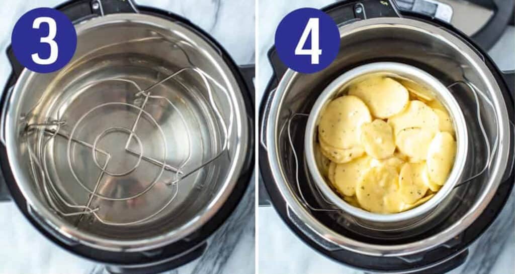 Steps 3 and 4 for making Instant Pot scalloped potatoes: Add trivet to Instant Pot then put cake pan in the Instant Pot.