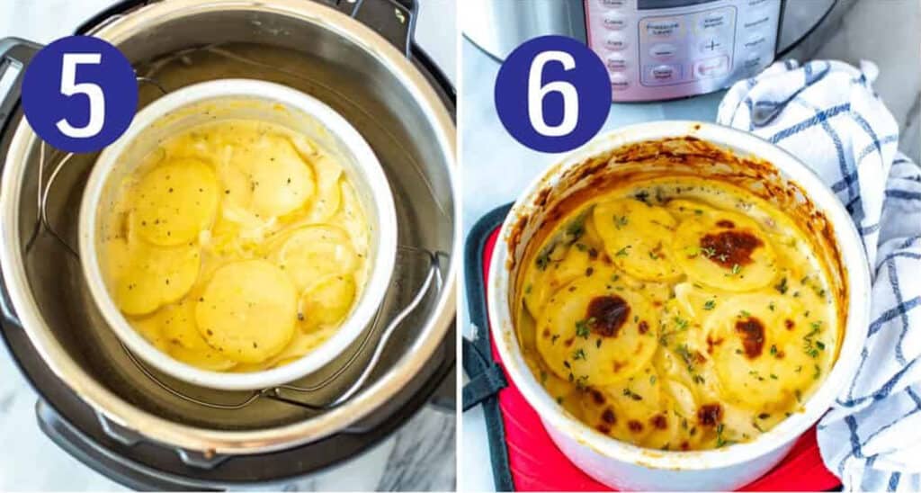 Steps 5 and 6 for making Instant Pot scalloped potatoes: Cook on high pressure then serve!