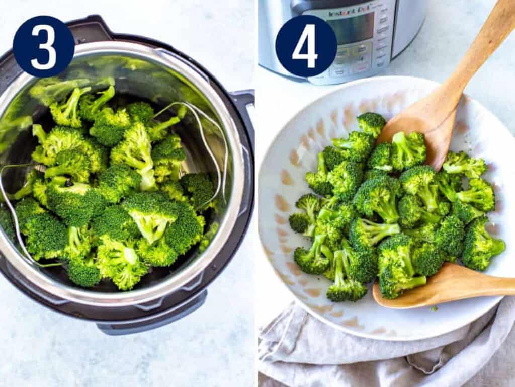 Steps 3 and 4 for making Instant Pot steamed broccoli: Cook broccoli then serve.