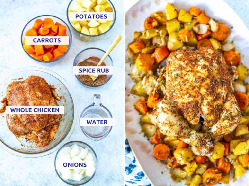 Ingredients for Instant Pot whole chicken: whole chicken, spice rub, potatoes, carrots, onions and water.