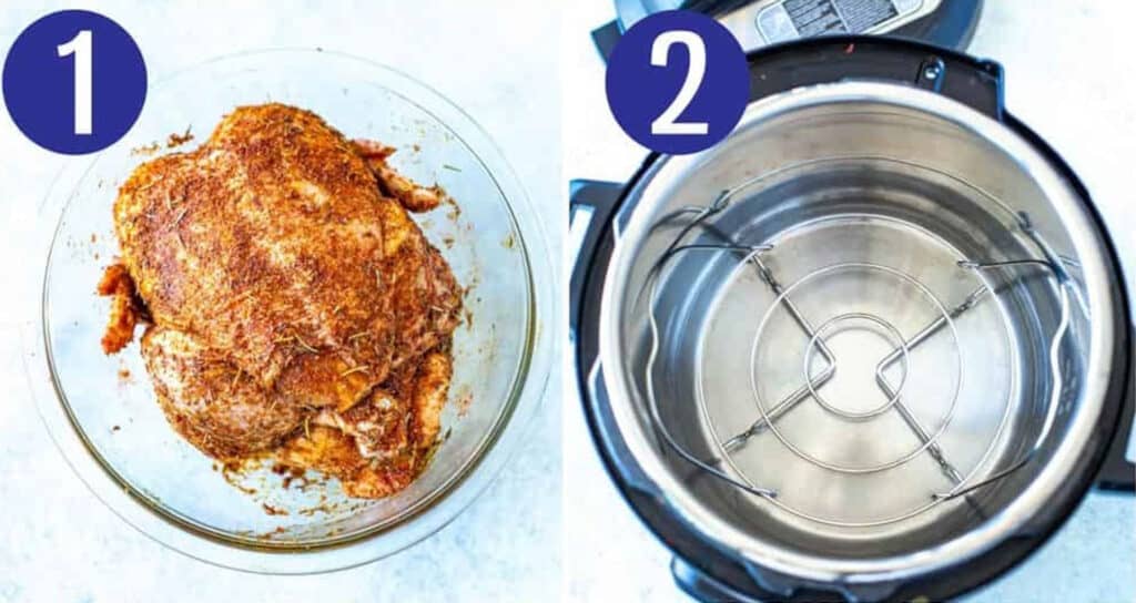 Steps 1 and 2 for making Instant Pot whole chicken: Season chicken then add trivet to Instant Pot.