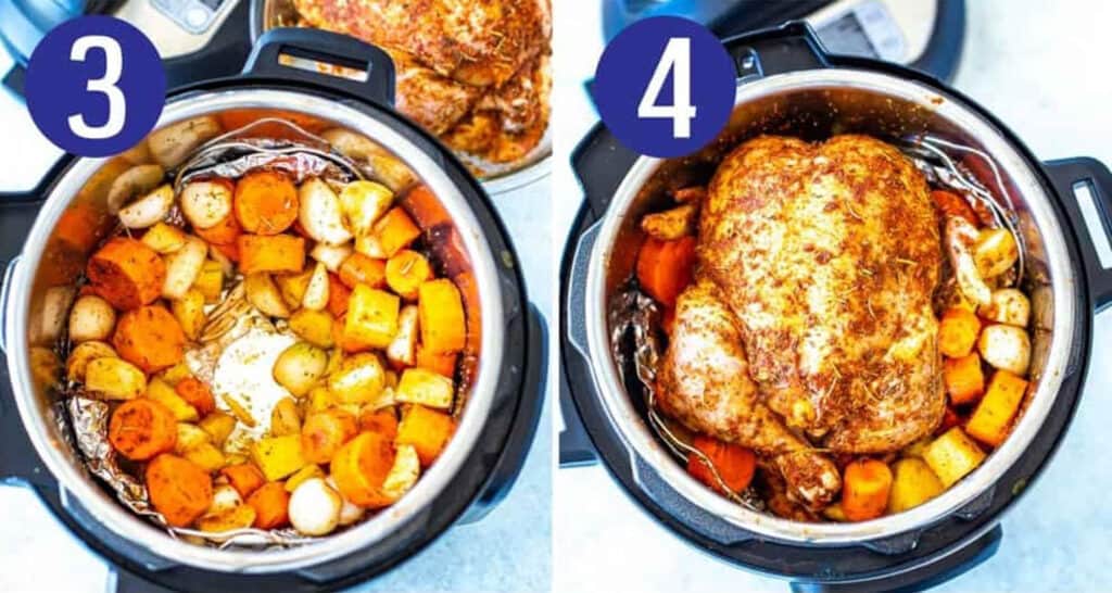Steps 3 and 4 for making Instant Pot whole chicken: Add veggies to Instant Pot then add chicken on top.