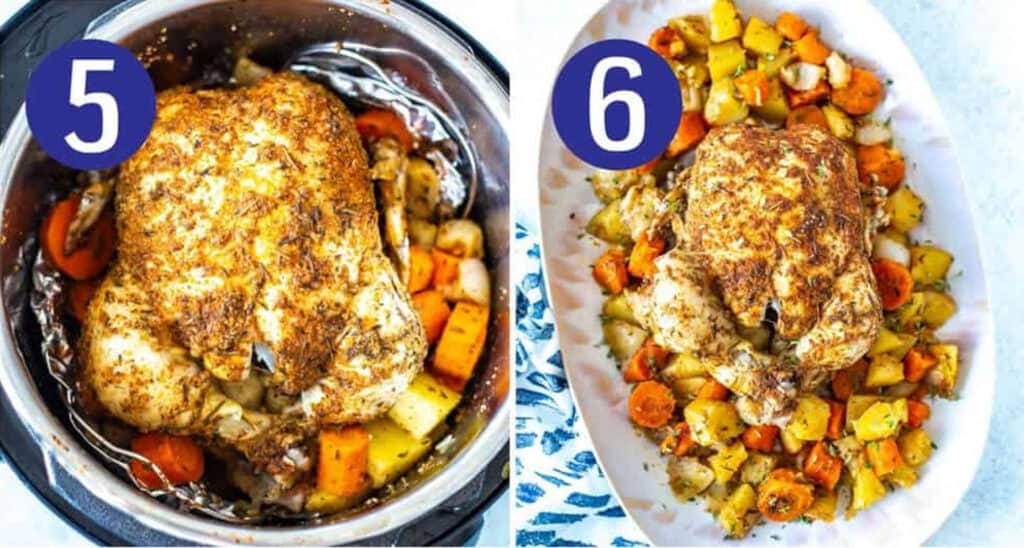 Steps 5 and 6 for making Instant Pot whole chicken: Cook on high pressure then serve!