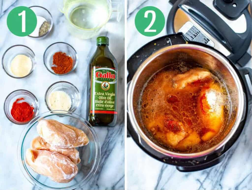 Steps 1 and 2 for making Instant Pot frozen chick breasts: Prep your ingredients then add everything to the pressure cooker.