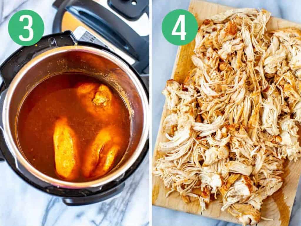 Steps 3 and 4 for making Instant Pot frozen chicken breasts: Cook on high pressure then shred and serve.